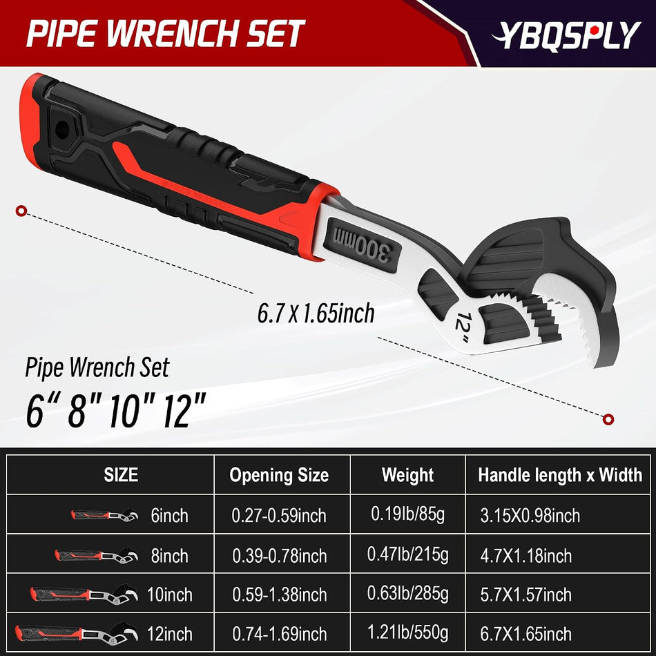 Pipe Wrench Set, 6” 8” 10” 12” Self Adjusting Wrench 4-Piece Plumbing Tools for 0.27“-1.7”/7-43mm Standard Nuts, Irregular Nuts, Pipes Use