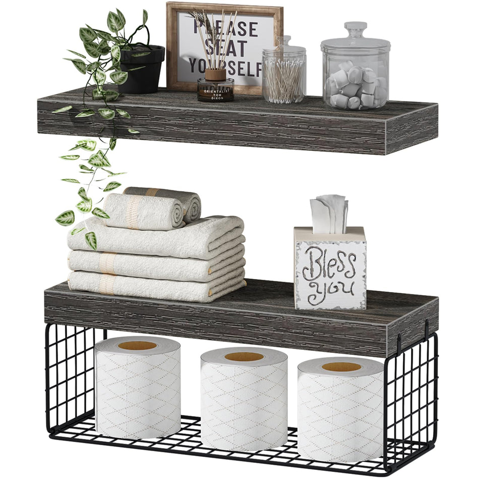 QEEIG Bathroom Shelves Over Toilet - Wall Mounted Floating Shelves Toilet Paper Storage Small Farmhouse Decor Shelf 16 inch Set of 3, Rustic Brown (019-BN3)