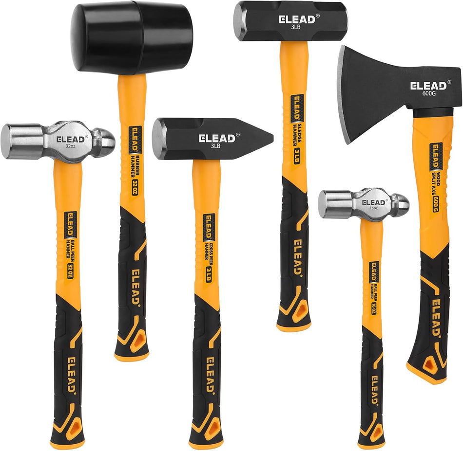 ELEAD 6-Piece Mallet Hammer Set, Fiberglass Handle Forge Steel Head, 32oz Rubber Mallet & Ball Peen Hammers, 16oz Ball Peen Hammer, 3LB Sledge & Cross Peen Hammers, 600g Wood Split Axe