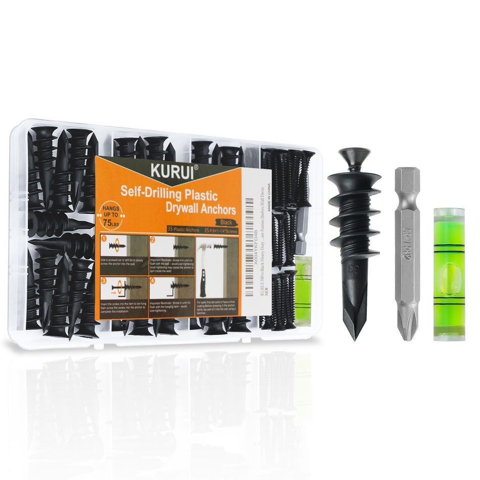 KURUI 140PCs #8 Self Drilling Drywall Anchors, Heavy Duty Dry Wall Anchors and Flat Head Screws Kit, 75LB Hanging for Picture Frames, Wall Decor Art and Curtain Rods, Sheetrock Hangers - Black