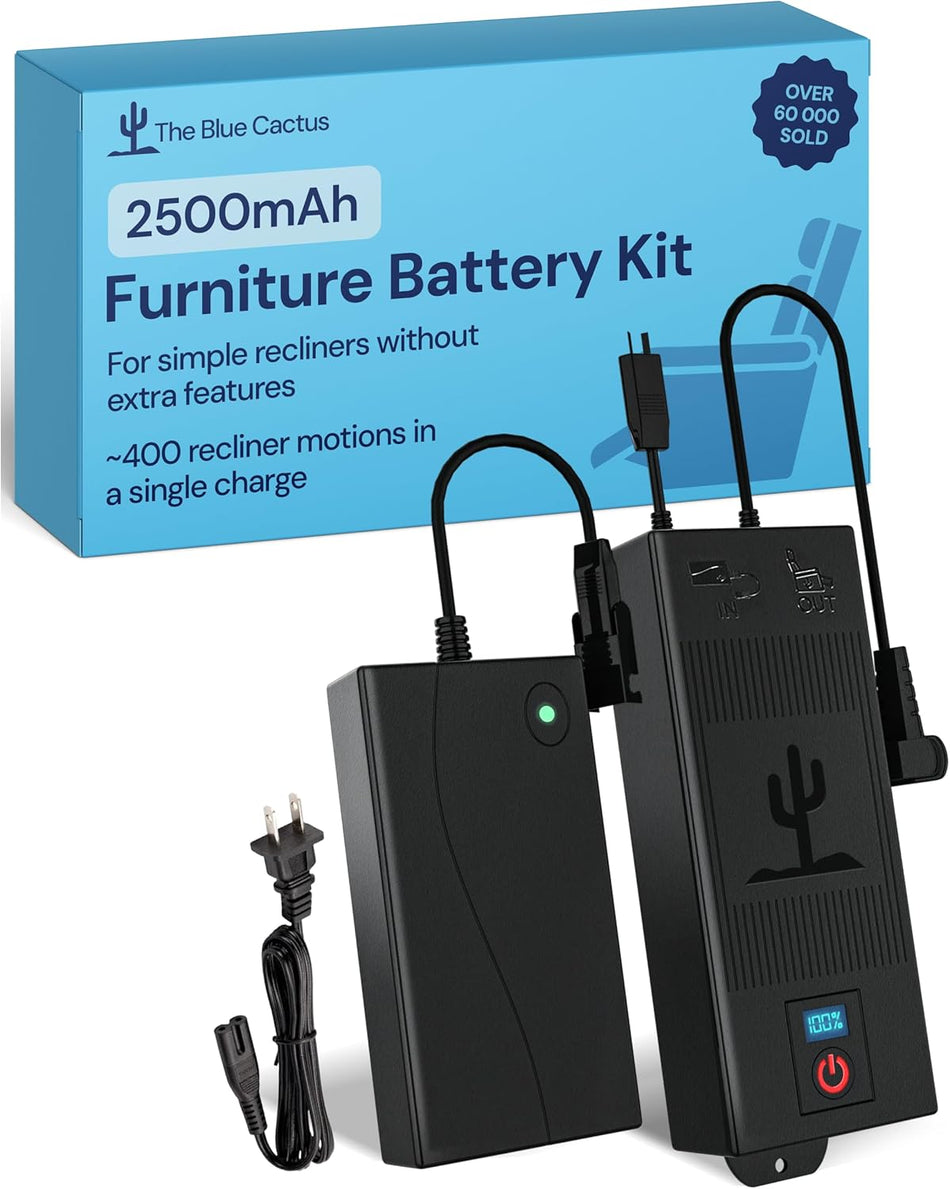 The Blue Cactus Rechargeable Battery Pack for Reclining Furniture - 2500mAh Battery, Charger, Cords, 2-Pin Connector - Wireless with LED & Low Charge Alert - Couch Recliner Battery Pack Rechargeable