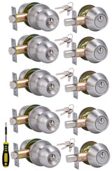 Lanwandeng 2 Sets All Keyed Same Entry Door Knob and Single Cylinder Deadbolt Combo Set, Round Ball Satin Nickel Exterior Door Knobs with Lock and Keys for Entrance and Front Door