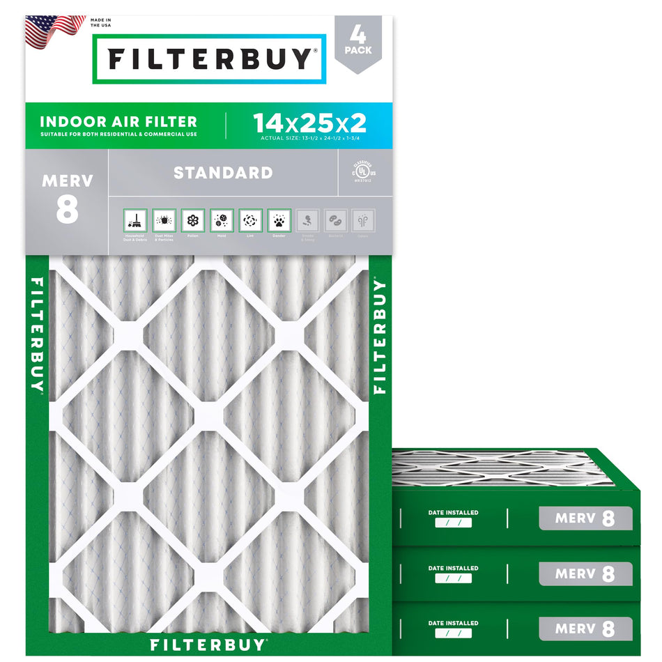 Filterbuy 16x25x1 Air Filter MERV 8 (MPR 700) Dust Defense Replacement (4-Pack), Electrostatic Pleated HVAC AC Furnace Filters, Made in USA (Actual Size: 15.50 x 24.50 x 0.75)