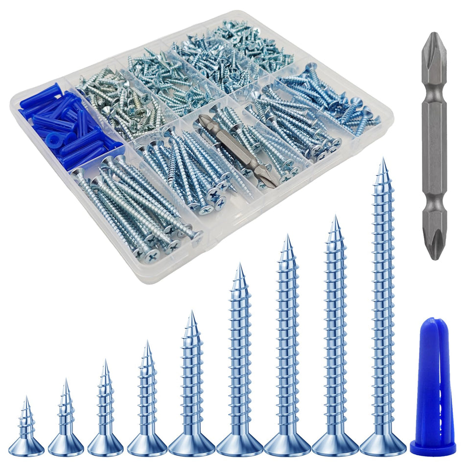 Wensilon 385PCS Wood Screws Assortment Kit, Yellow Flat Head Wood Screws in Multiple Sizes with Drywall Anchors, Assorted Screw Set for Woodworking, Furniture and Home Repair