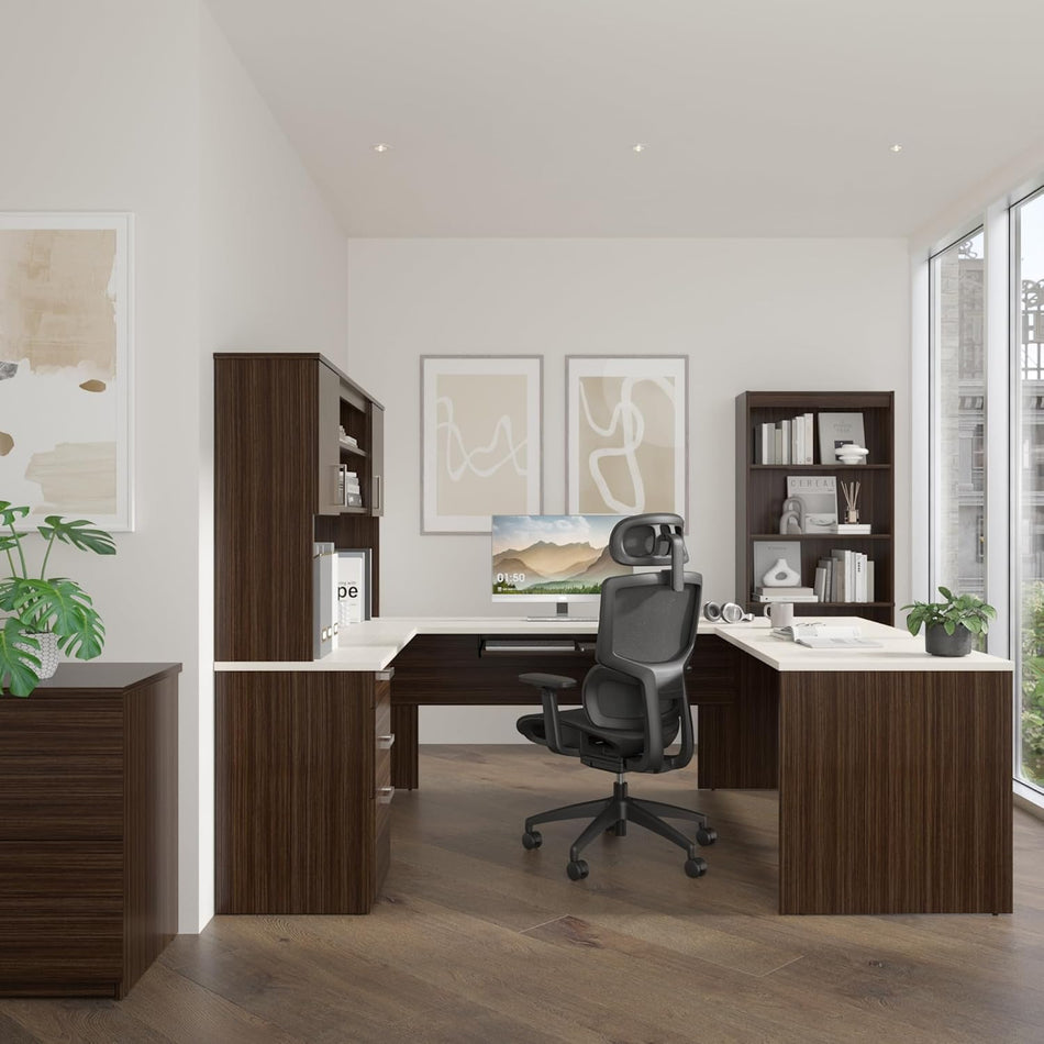 Bestar, Ridgeley Collection, 3-Piece Set Including a U-Shaped Desk with Hutch, a Lateral File Cabinet, and a Bookcase