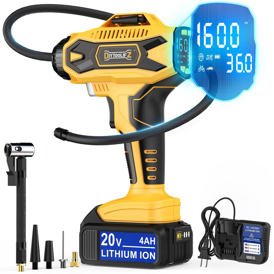 Cordless Tire Inflator Air Compressor for Dewalt 20V Max Battery, 160PSI Portable Handheld Air Pump with Digital Pressure Gauge, Fast Inflation for Cars, Motorcycles, Bikes & Sports Balls (No Battery)