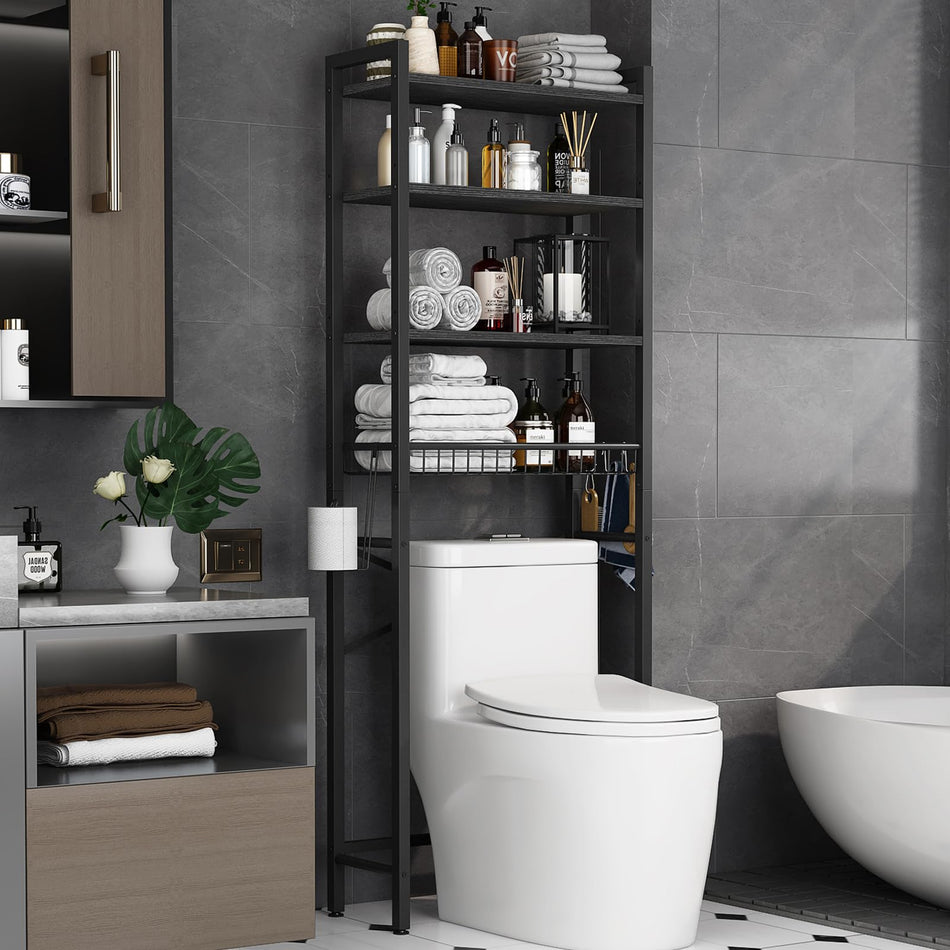 Over-The-Toilet Storage Rack, 4-Tier Bathroom Organizer Shelf Over Toilet with Adjustable Shelf and Basket, Freestanding Space Saver Bathroom Shelves Above Toilet for Room (Vintage Brown)