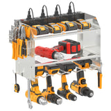 CCCEI Modular Power Tool Organizer Wall Mount with Charging Station. Garage 4 Drill Storage Shelf with Hooks, Screwdriver, Drill Bit Heavy Duty Rack, Tool Battery Holder Built in 8 Outlet Power Strip.