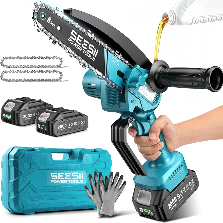 Seesii Mini Chainsaw, 6-inch Mini Chainsaw Cordless, Handheld Electric Power Chain Saw with 2 Batteries, for Tree Trimming Wood Cutting, Best Gifts for Father, Dad, Husband, Men