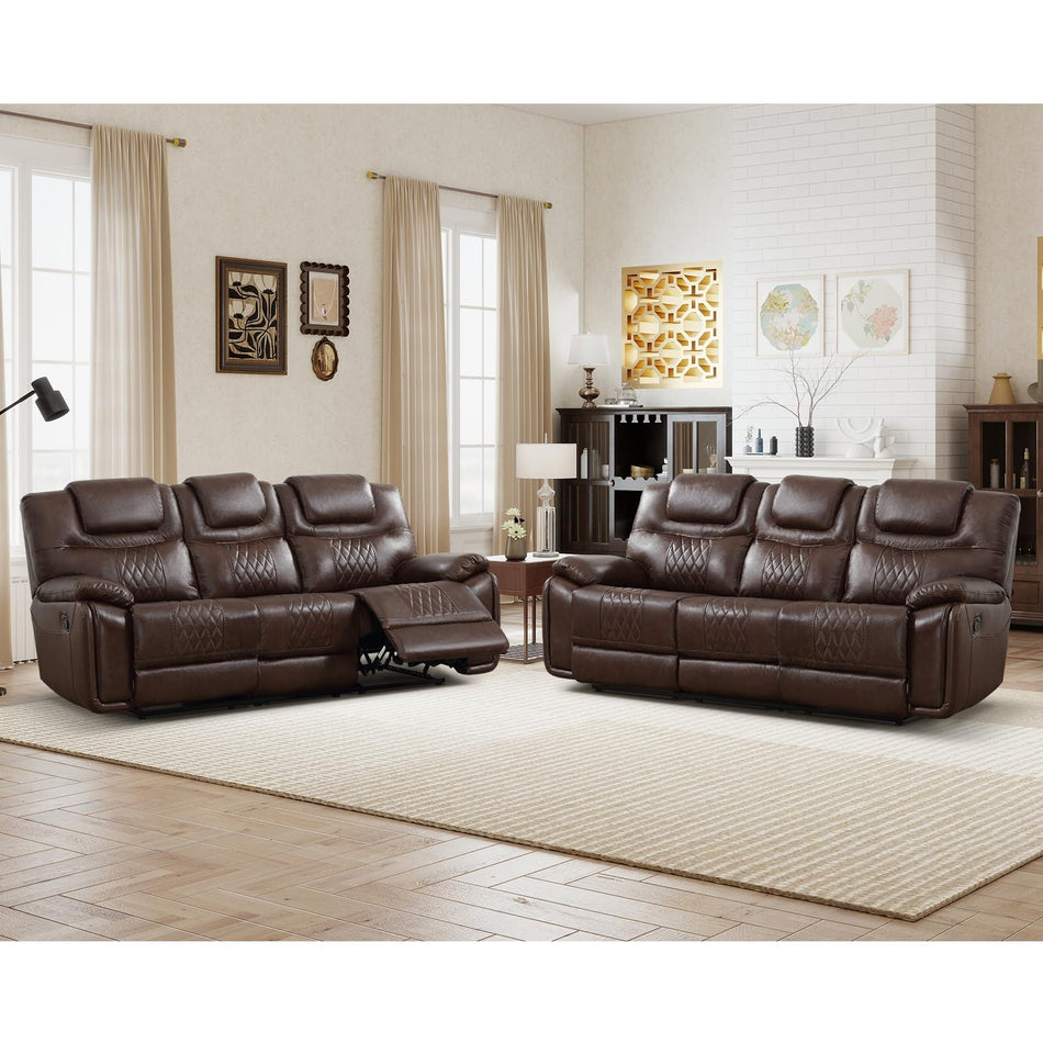 ANJ 3-Piece Manual Reclining Sofa Set, Premium Genuine Leather Reclining Sofas, Include Single Recliner Chair & 2 Loveseat Reclining Couch with Hidden Storage and Cup Holders, Dark Brown