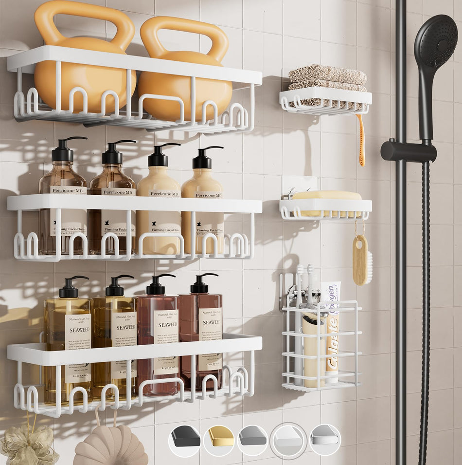 Veken Rustproof & Waterproof Shower Caddy 6-Pack, No Drilling Adhesive Shelves Rack with Soap Holder, Large Capacity Bathroom Organizers and Storage, Wall-Mounted Kitchen & Home Decor
