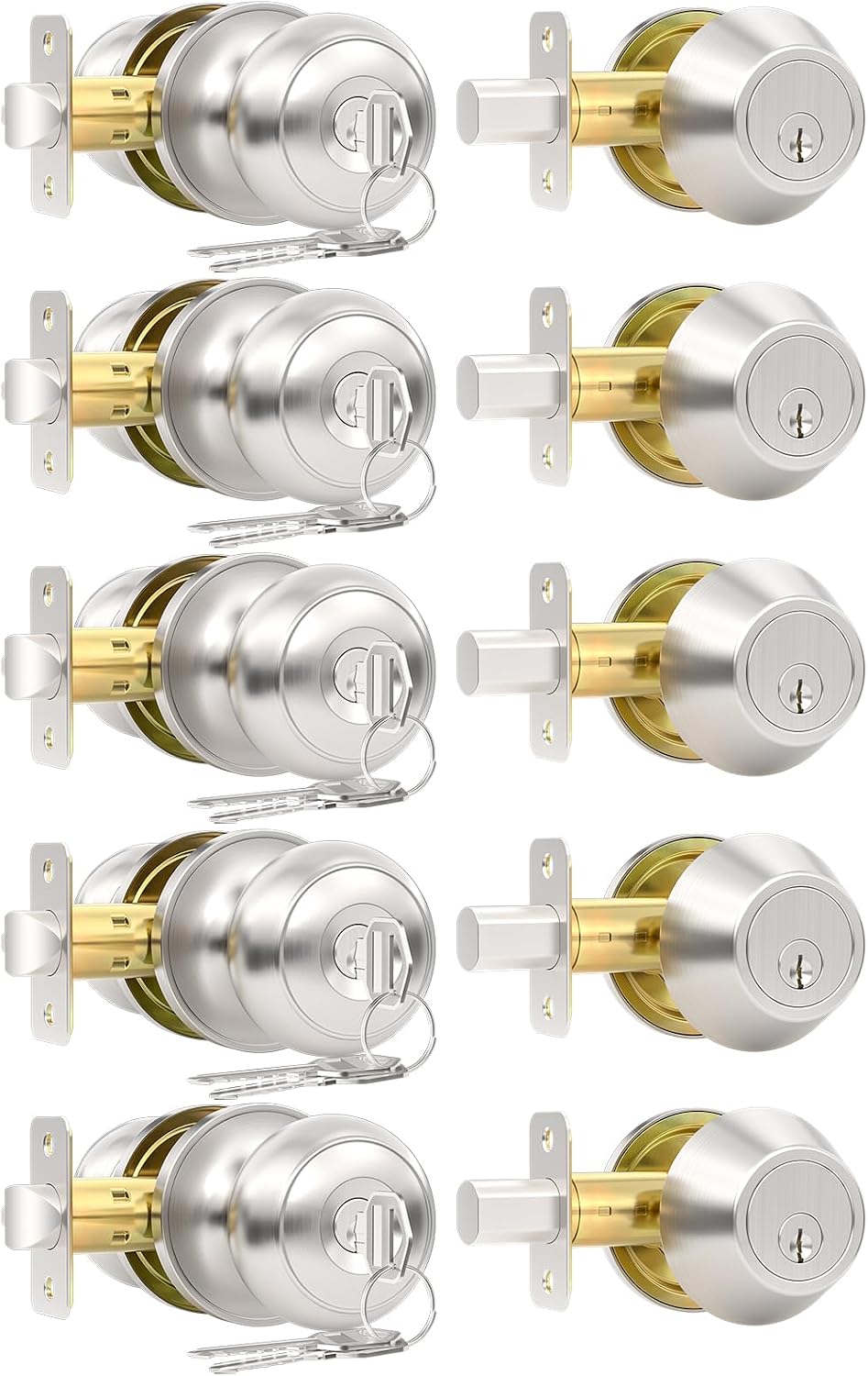 5 Pack Front Door Lock Set, Keyed Alike Exterior Door Lock Set with Deadbolt, Single Cylinder Deadbolt Lock and Entry Door Knob Set,Round Ball Brushed Nickel Door Knobs with Lock and Keys