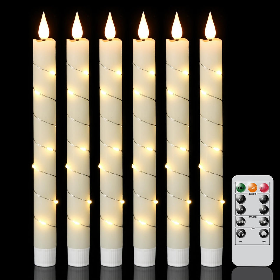 GenSwin Flameless Ivory Taper Candles Flickering with 10-Key Remote, Battery Operated Led Warm 3D Wick Light Window Candles Real Wax Pack of 6, Christmas Home Wedding Decor(0.78 X 9.64 Inch)