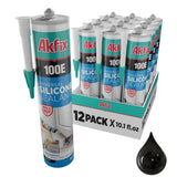 Akfix 100E RTV Clear Silicone Caulk (48x10.1 fl.oz.) - 100% Waterproof Silicone Sealant for Kitchen and Bathroom, Shower, Toilet, Sink, Window and Door, No Yellowing | Clear, 48 Pack