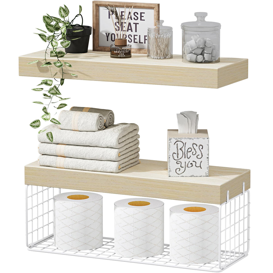 QEEIG Bathroom Shelves Over Toilet - Wall Mounted Floating Shelves Toilet Paper Storage Small Farmhouse Decor Shelf 16 inch Set of 3, Rustic Brown (019-BN3)