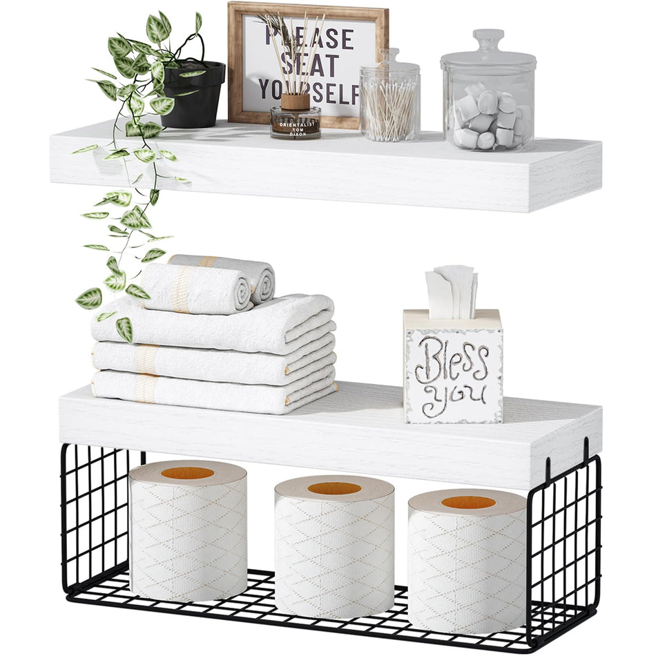QEEIG Bathroom Shelves Over Toilet - Wall Mounted Floating Shelves Toilet Paper Storage Small Farmhouse Decor Shelf 16 inch Set of 3, Rustic Brown (019-BN3)