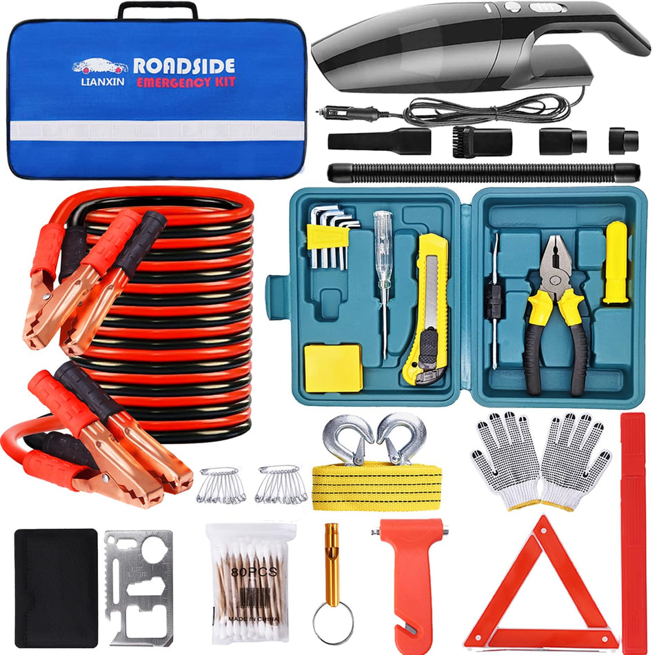 142 PCS Emergency Roadside Kit for Car ,Safety Car Kit with Jumper Cables