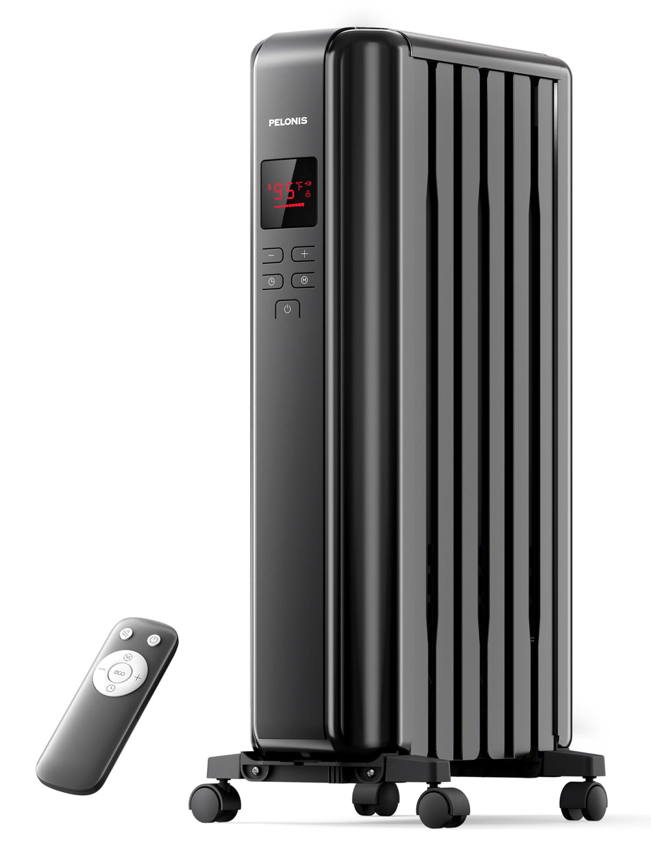 PELONIS Oil Filled Radiator Heater for Indoor Use Large Room with Remote, Electric Space Heater with Thermostat, Energy Efficient with ECO Mode, 24H Timer, Quiet, Overheat & Tip-Over Protection, 1500W