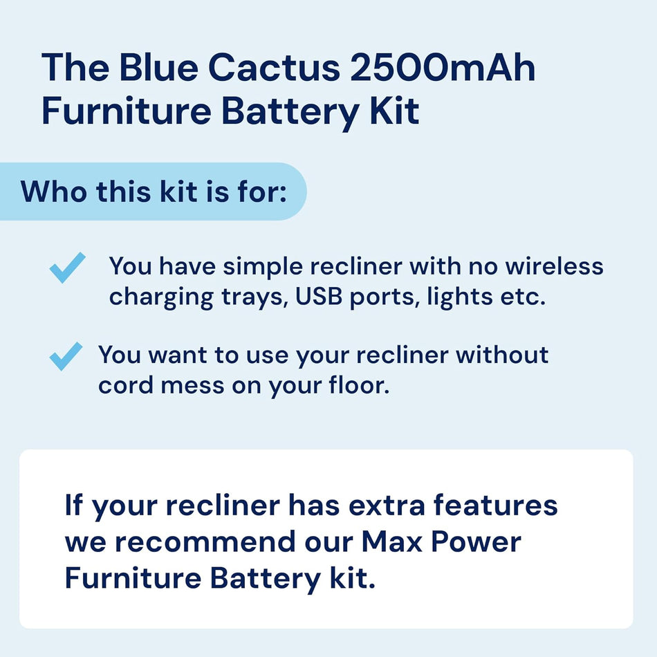 The Blue Cactus Rechargeable Battery Pack for Reclining Furniture - 2500mAh Battery, Charger, Cords, 2-Pin Connector - Wireless with LED & Low Charge Alert - Couch Recliner Battery Pack Rechargeable