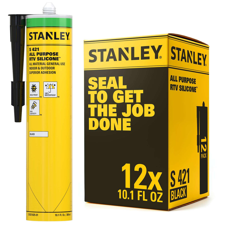 Stanley S421 RTV Silicone Caulk - 12x10.1 fl. oz. Clear,%100 Silicone Sealant, Waterproof and Flexible Sealer for Kitchen & Bathroom, 12 Pack