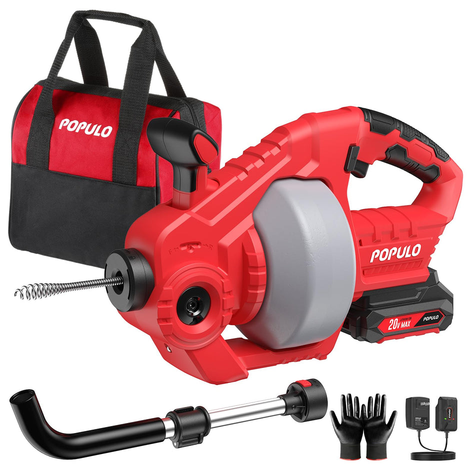 POPULO 20V Cordless Electric Drain Auger-Efficient 25Ft Auto-Feed Drain Snake with Replaceable Cable,2.0Ah Battery,Charger,Storage Bag & Gloves for Kitchen,Bathroom,Shower Pipes (3/4"-2")"