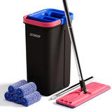 JOYMOOP Flat Mop System, Microfiber Mop and Bucket Set, White, Commercial & Household Use, Hardwood Floor & Wall Cleaning Mop with Long Handle, 4 Microfiber Pads