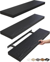 BAYKA Floating Shelves for Wall, Wall Mounted Rustic Wood Shelves for Bathroom, Bedroom, Living Room, Kitchen, Hanging Shelf for Books/Storage/Room Decor with 22lbs Capacity (Black, Set of 3, 15.7in)