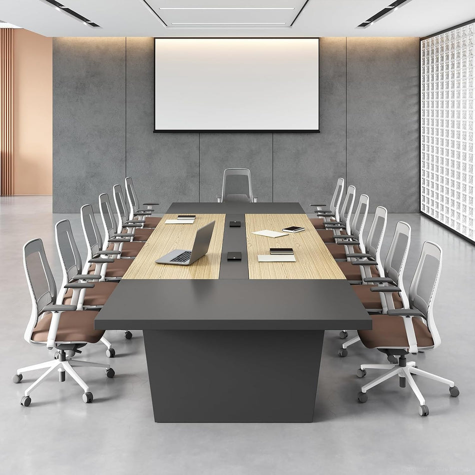 10FT Conference Table for 10 People, Executive Office Table, Modern Boardroom Meeting Table with Built-in Power Outlets & USB Ports, 2" Thick Tabletop (Oak & Gray, 118" W * 51" D * 30" H)