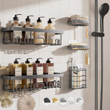 Veken Rustproof & Waterproof Shower Caddy 6-Pack, No Drilling Adhesive Shelves Rack with Soap Holder, Large Capacity Bathroom Organizers and Storage, Wall-Mounted Kitchen & Home Decor