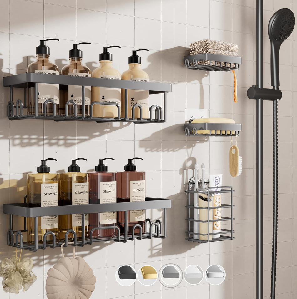 Veken Rustproof & Waterproof Shower Caddy 6-Pack, No Drilling Adhesive Shelves Rack with Soap Holder, Large Capacity Bathroom Organizers and Storage, Wall-Mounted Kitchen & Home Decor