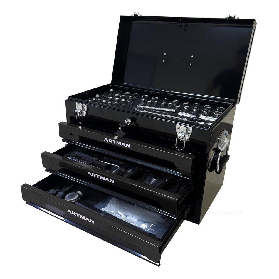 439 Piece Mechanics Tool Set, 3 Drawer Heavy Duty Metal Box with Household Tool Kit, Portable Tool Organizer Case for Auto Repair, Garage, Warehouse, Workshop, Repair Shop (Blue & Black)