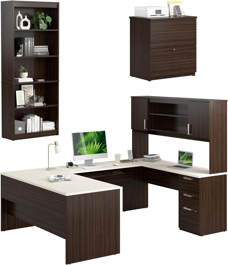 Bestar, Ridgeley Collection, 3-Piece Set Including a U-Shaped Desk with Hutch, a Lateral File Cabinet, and a Bookcase
