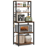 VASAGLE Coffee Bar, 31.5 Inches Baker's Rack for Kitchen with Storage, 6-Tier Kitchen Shelves with 6 Hooks, Microwave Stand, Industrial, Rustic Brown and Black UKKS019B01