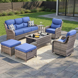Luxury Swivel Rocker Chairs Fire Pit Set with 6" Thick Cushion 10 piece Wicker Outdoor Patio Chair with Sofa and Ottoman,Comfortable High Back Outdoor Patio Furniture Set - Brown | Gray