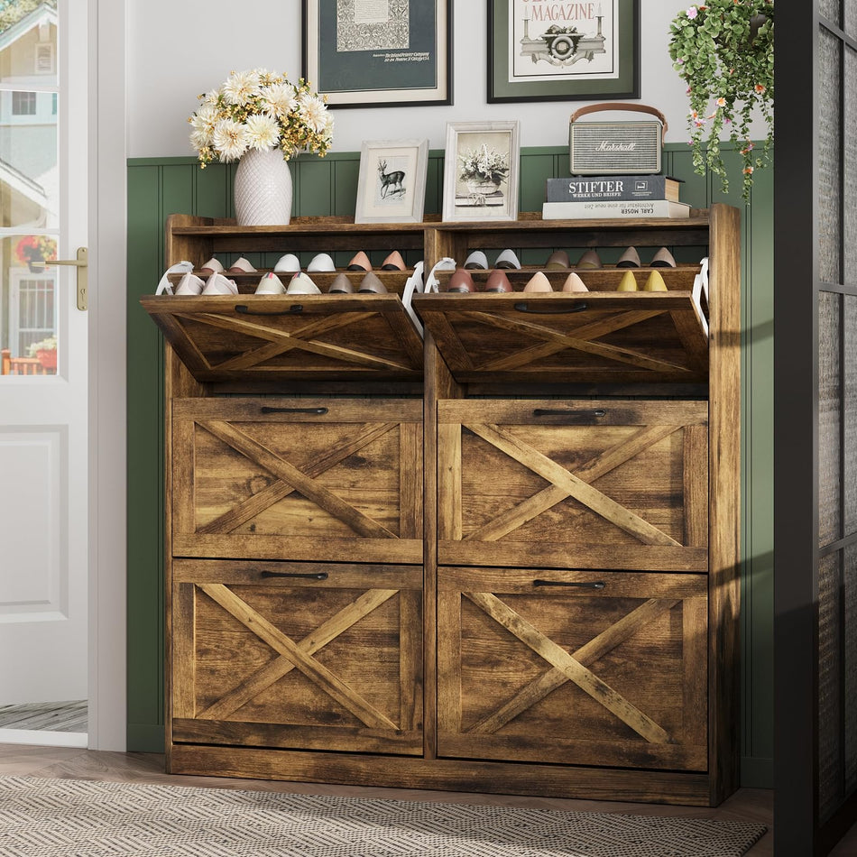 Maupvit Shoe Storage Cabinet with 2 Flip Drawers, Freestanding Shoe Organizer with Metal Legs for Entryway, Narrow Shoe Rack Cabinet, Rustic Brown