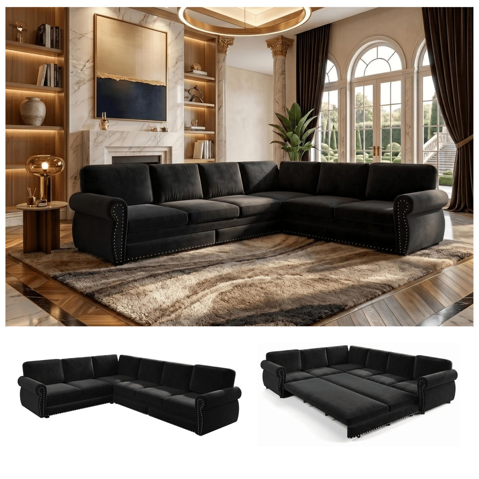 88" Sectional Couches for Living Room, 5-Seater Sofa Bed Chenille Pull Out Sofa Bed, Chesterfield L Shaped Sleeper Sofa, Oversized Pull Out Couch with Nailhead Trim King Size Sectional Sofa, DarkGray