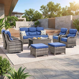 Luxury Swivel Rocker Chairs Fire Pit Set with 6" Thick Cushion 10 piece Wicker Outdoor Patio Chair with Sofa and Ottoman,Comfortable High Back Outdoor Patio Furniture Set - Brown | Gray