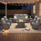 Luxury Swivel Rocker Chairs Fire Pit Set with 6" Thick Cushion 10 piece Wicker Outdoor Patio Chair with Sofa and Ottoman,Comfortable High Back Outdoor Patio Furniture Set - Brown | Gray