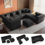 MONVANE Modular Sectional Cloud Couch for Living Room - 130'' 6 Seater Convertible Chenille Couches Set with Ottoman, No Assembly Compression Sofas, Comfy Floor Sofa with Memory Foam, Grey