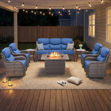 Luxury Swivel Rocker Chairs Fire Pit Set with 6" Thick Cushion 10 piece Wicker Outdoor Patio Chair with Sofa and Ottoman,Comfortable High Back Outdoor Patio Furniture Set - Brown | Gray
