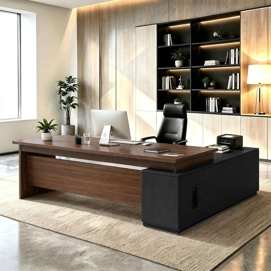 L Shaped Executive Desk with Drawers, Large Wood Workstation, Modern Executive Office Furniture for Home Office and Business Workspace, Multiple Sizes & Colors