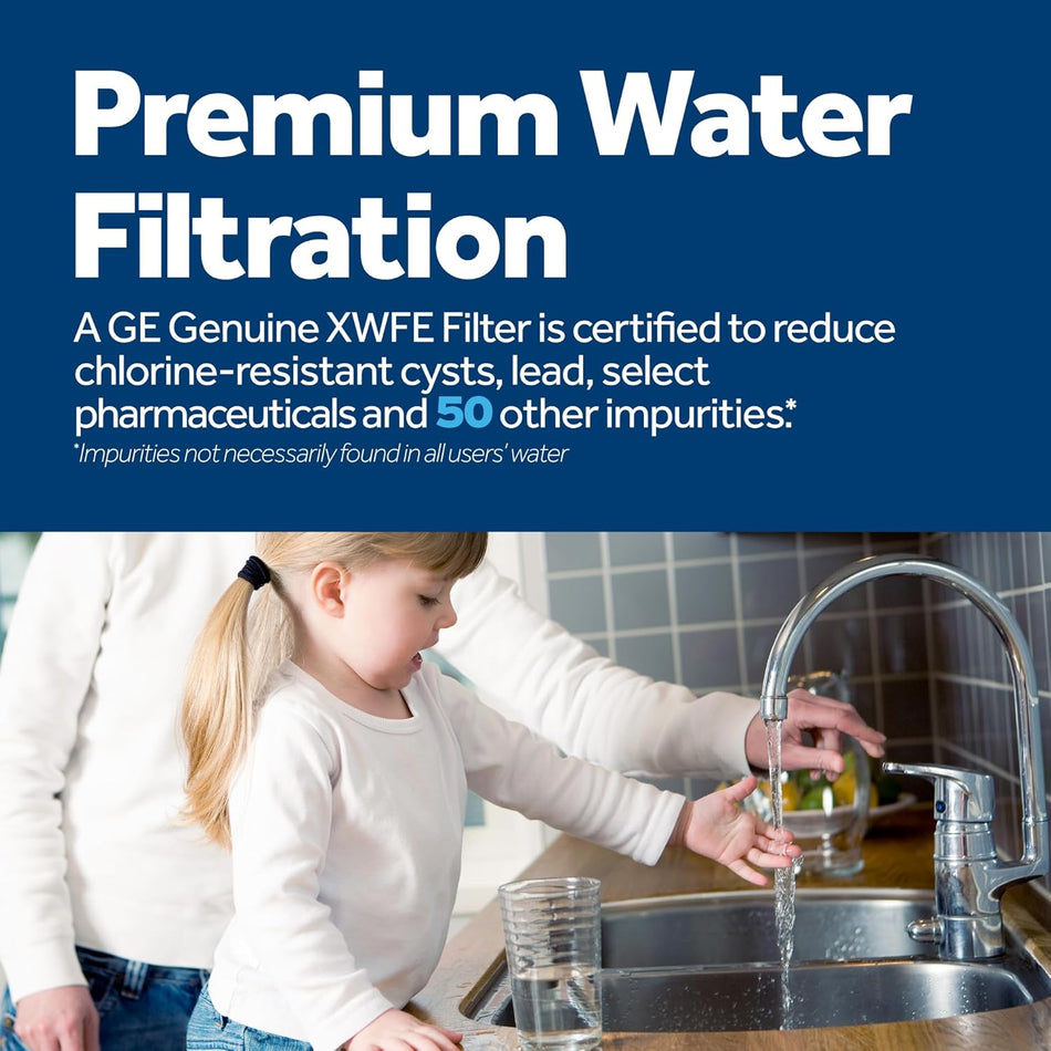 GE XWFE Refrigerator Water Filter, Genuine Replacement Filter, Certified to Reduce Lead, Sulfur, and 50+ Other Impurities, Replace Every 6 Months for Best Results, Pack of 1