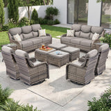 Luxury Swivel Rocker Chairs Fire Pit Set with 6" Thick Cushion 10 piece Wicker Outdoor Patio Chair with Sofa and Ottoman,Comfortable High Back Outdoor Patio Furniture Set - Brown | Gray