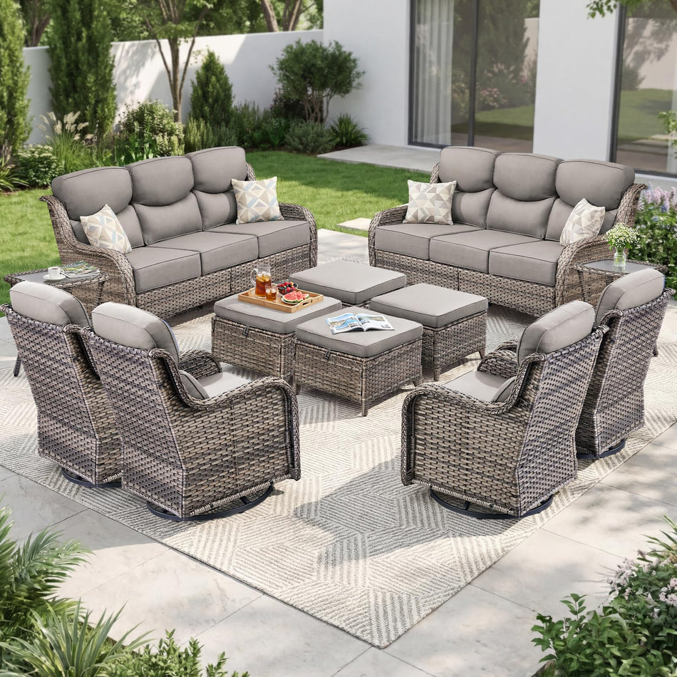 Luxury Swivel Rocker Chairs Fire Pit Set with 6" Thick Cushion 10 piece Wicker Outdoor Patio Chair with Sofa and Ottoman,Comfortable High Back Outdoor Patio Furniture Set - Brown | Gray