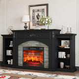 80" Fireplace TV Stand with Mantel, Navy Blue Entertainment Center with Brown Wood-Look Top & Gold Carved Accents, 30" Electric Fireplace Insert with Red Brick Interior, Fits up to 90" TVs