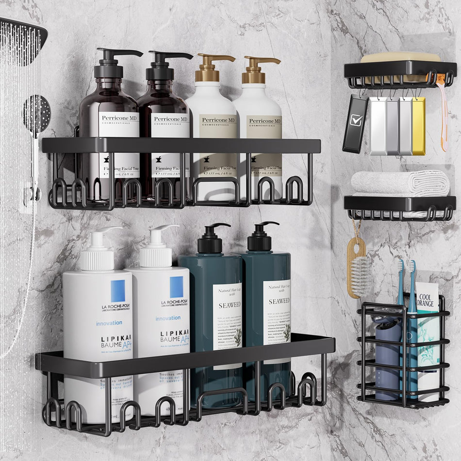 Veken Rustproof & Waterproof Shower Caddy 6-Pack, No Drilling Adhesive Shelves Rack with Soap Holder, Large Capacity Bathroom Organizers and Storage, Wall-Mounted Kitchen & Home Decor