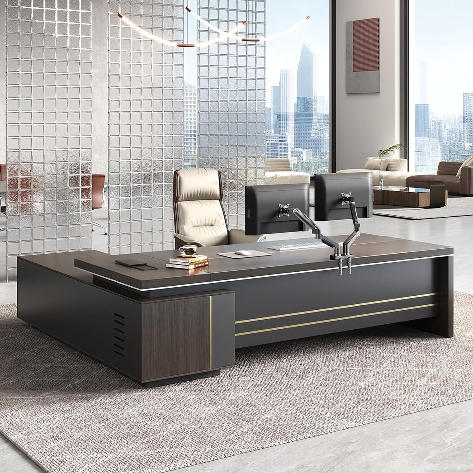 Huarifowm 87" L-Shaped Executive Desk with Reversible Return, Large Manager Office Desk, Power Hub with USB-C HDMI RJ45, 3-Digit Lock Drawer, Storage Shelves and Privacy Panel, Gray Walnut