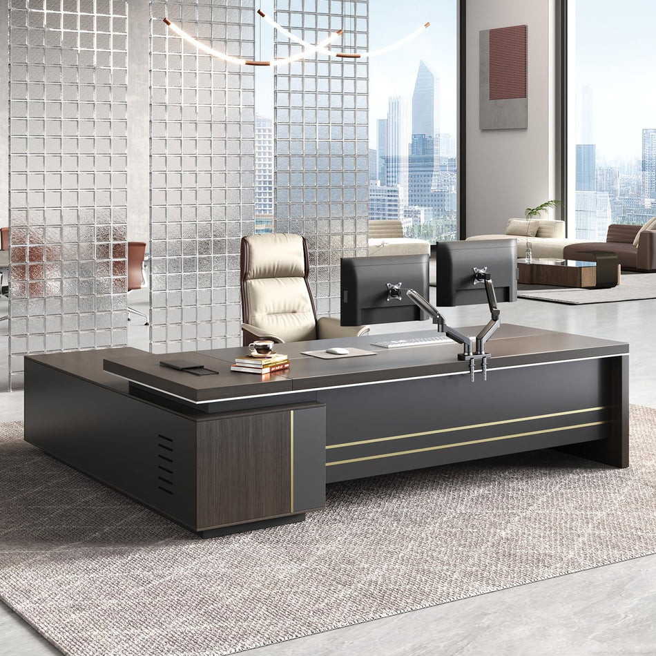 Huarifowm 87" L-Shaped Executive Desk with Reversible Return, Large Manager Office Desk, Power Hub with USB-C HDMI RJ45, 3-Digit Lock Drawer, Storage Shelves and Privacy Panel, Gray Walnut