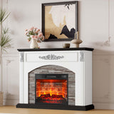 80" Fireplace TV Stand with Mantel, Navy Blue Entertainment Center with Brown Wood-Look Top & Gold Carved Accents, 30" Electric Fireplace Insert with Red Brick Interior, Fits up to 90" TVs