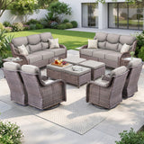 Luxury Swivel Rocker Chairs Fire Pit Set with 6" Thick Cushion 10 piece Wicker Outdoor Patio Chair with Sofa and Ottoman,Comfortable High Back Outdoor Patio Furniture Set - Brown | Gray